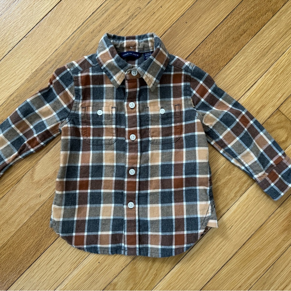 Janie and Jack Plaid Button Down Shirt in Brown and grey